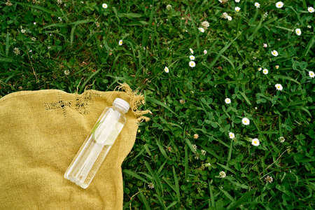 Bottle of water lies on a blanket on the green grass among the daisiesの写真素材