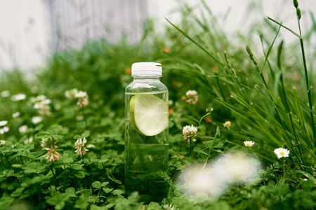 Bottle of water with lemon stands on green grass in daisies and clovers