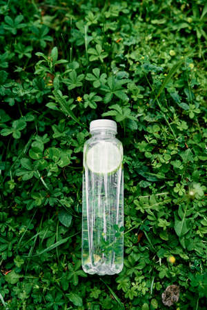 Bottle of water with a slice of lemon lies on green foliageの写真素材