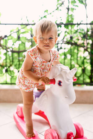 Little girl swinging on a toy unicorn on the balconyの写真素材