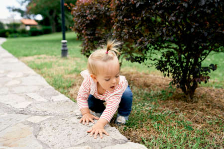 Little girl squatting on green grass in a park near a paved pathの写真素材