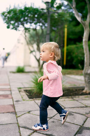 Little girl walking on a cobbled road in the parkの写真素材