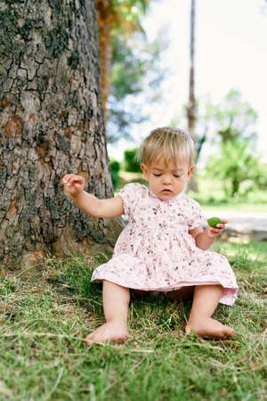 Little girl sits near a plane treeの写真素材