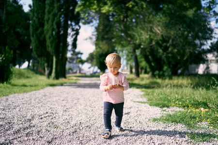 Little girl walking along a pebble path in a green parkの写真素材