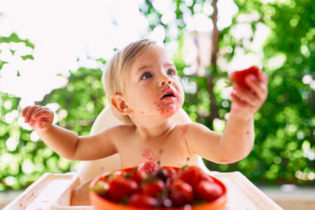 Child holds a strawberry in his hand and looks up