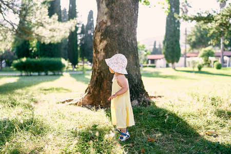 Little girl in a panama hat stands near a tree in the park on the grass. Side viewの写真素材