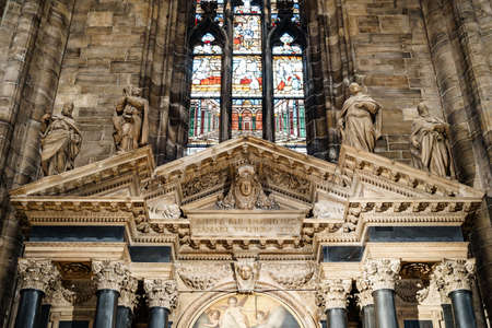 Stone cover over the frescoes under the stained glass windows in the Duomo. Milan, Italyの写真素材