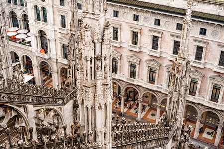 Arched passages and carved towers of the Duomo. Italy, Milanの写真素材