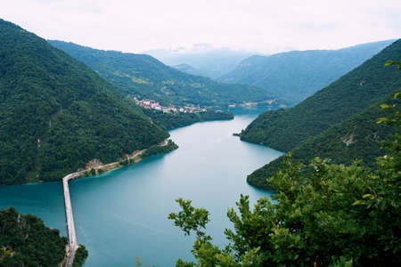 Drone view of the canyon of Lake Piva between the mountains. Montenegro