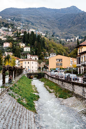 Cobbled canal between the streets in Varenna. Como, Italy