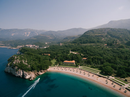 Royal Beach and Villa Milocer, Montenegro. Droneの写真素材