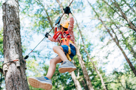 Boy descends the cable to the wooden platformの写真素材