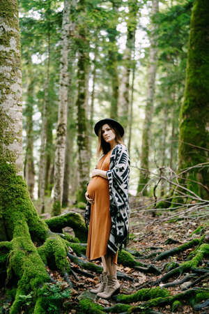 Pregnant woman stands near a moss-covered tree in a birch groveの写真素材