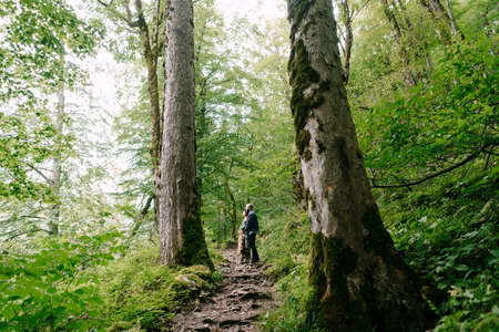 Woman and man stand on the path on the slope in the park