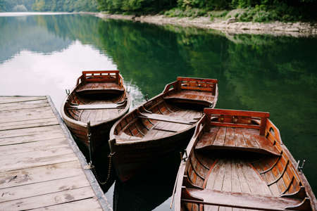 Row of boats on the lake in the Biogradska Gora park. Montenegroの写真素材