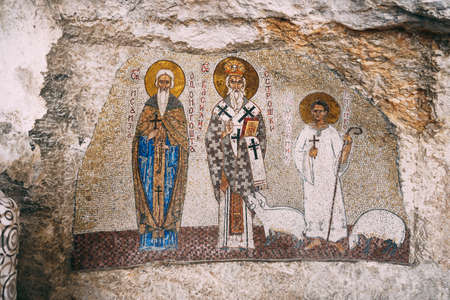 Mosaic depicting St. Basil in the Ostrog monastery. Montenegroの写真素材