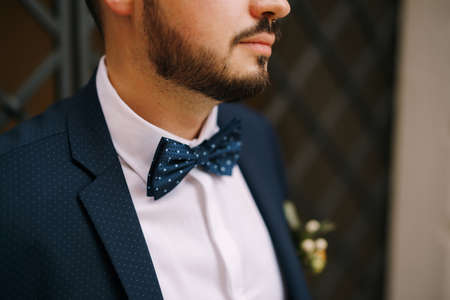 Groom in a blue polka dot suit, white shirt and bow tie. Close-upの写真素材
