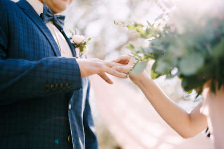 Bride puts the ring on groom finger in the park. Close-upの写真素材