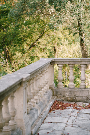 Stone balustrade on the terrace overlooking green treesの写真素材