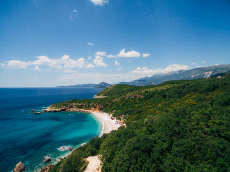 Aerial view of clean sand and blue water at the Drobni Pijesak beachの写真素材