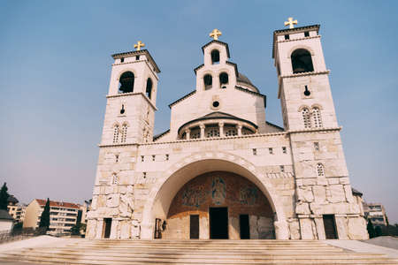 Arched entrance with frescoes in the Cathedral of the Resurrection of Christ in Podgoricaの写真素材