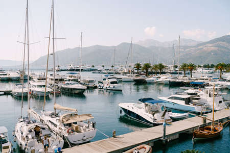 Motorboats and sailboats moored at the pier. Porto, Montenegroの写真素材
