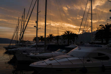 Twilight over the mountains and the marina in Portoの写真素材