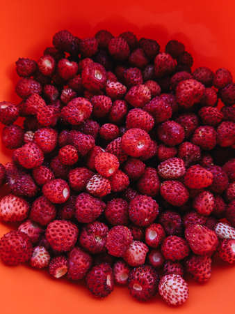 Ripe red strawberries lie in an orange bowl