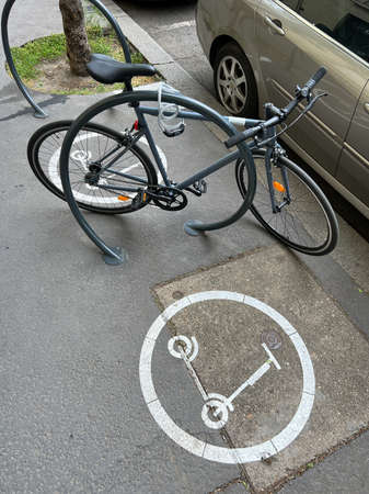 Bicycle is in the bike rack. Budapest, Hungary