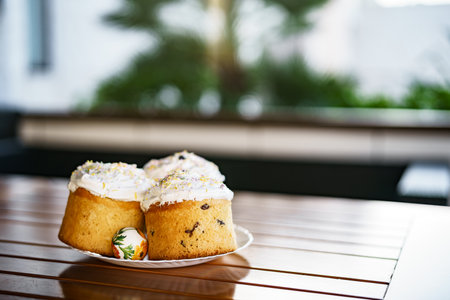 Budva, Montenegro - 19 april 2020: Plate with Easter cakes and decorated Easter eggs.のeditorial素材