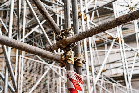 Tivat, Montenegro - 15 april 2021: Close-up of scaffolding on the background of the building