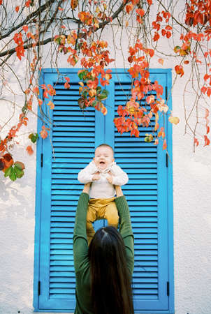 Mom holds a laughing baby high above her head near the blinds on the window