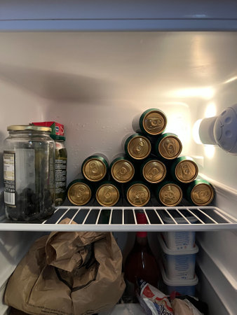 Budva, Montenegro - 12.07.22: Cans of beer lie next to olives on a shelf in the refrigeratorのeditorial素材
