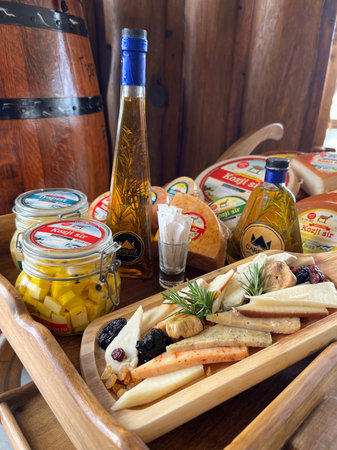 Budva, Montenegro - 22.08.22: Various types of cheese stand on a beautifully served trayのeditorial素材