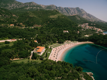 Budva, Montenegro - 23.06.21: Aerial view of the royal beach and bay. Villa Milocer, Montenegroのeditorial素材