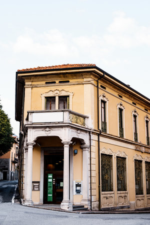 Como, Italy - 07.04.18: Two-storey house with columns and a balcony in the town of Menaggio. Como, Italyのeditorial素材