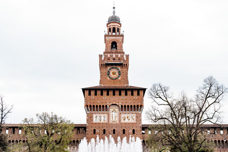 Milan, Italy - 07.04.18: High tower of Castello Sforzesco. Milan, Italyのeditorial素材