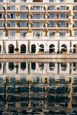 Tivat, Montenegro - 24.05.19: Reflection of the Regent Hotel in the water. Porto, Montenegroのeditorial素材