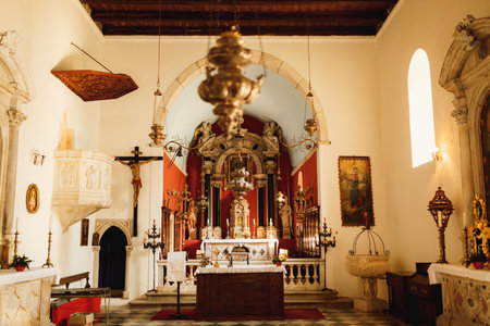 Perast, Montenegro - 03.04.19: Interior decoration of the Church of St. Nicholas in Perast. Montenegroのeditorial素材