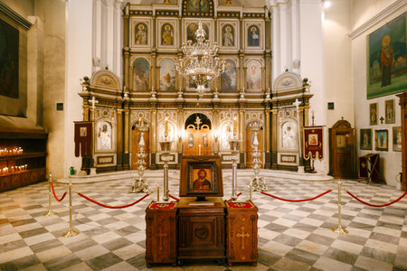 Kotor, Montenegro - 02.06.21: Interior decoration of the Church of St. Nicholas in the town of Kotor. Montenegroのeditorial素材