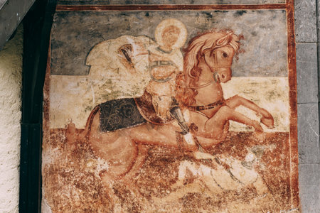 Ostrog, Montenegro - 03.07.21: Byzantine icon of St. George in an Orthodox monastery. Montenegroのeditorial素材