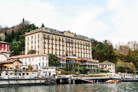 Como, Italy - 07.04.18: Grand Hotel on the shore of the town of Tremezzo with a yacht pier. Lake Como, Italyのeditorial素材