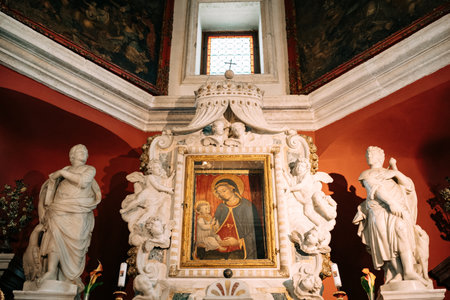 Perast, Montenegro - 03.04.19: Icon of the Virgin and Child on the altar in the Church of Our Lady of the Rocksのeditorial素材