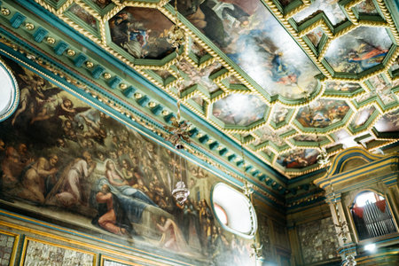 Perast, Montenegro - 03.04.19: Biblical scenes on frescoes inside the Church of the Our Lady on the...