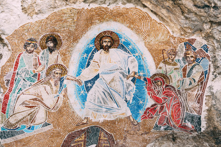 Ostrog, Montenegro - 27.08.21: Mosaic depicting Jesus and the saints. Ostrog monastery, Montenegroのeditorial素材