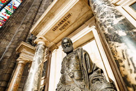 Milan, Italy - 07.04.18: Bronze sculpture of Gian Giacomo Medici on the altar in the Duomo. Milan, Italyのeditorial素材