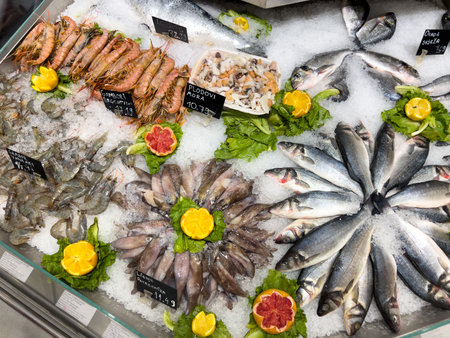 Fish and seafood beautifully arranged in ice on the counterの写真素材