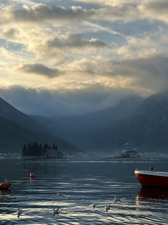Seagulls swim in the sea near a fishing boat against the backdrop of mountains and sunset