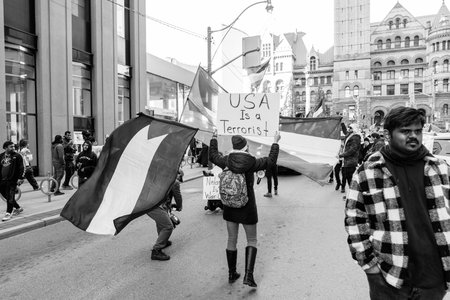 Toronto, Canada - 28 October 2023: Anti-war march in Toronto by Palestinians against Israels...