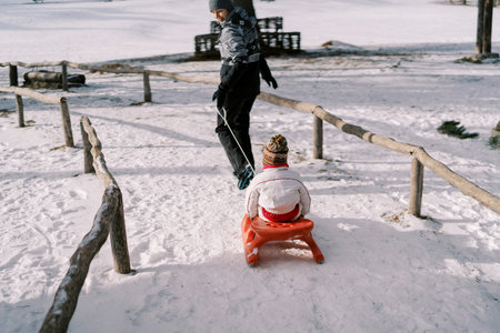 Mom carries a little girl on a sled along a path, looking back. Back viewの写真素材